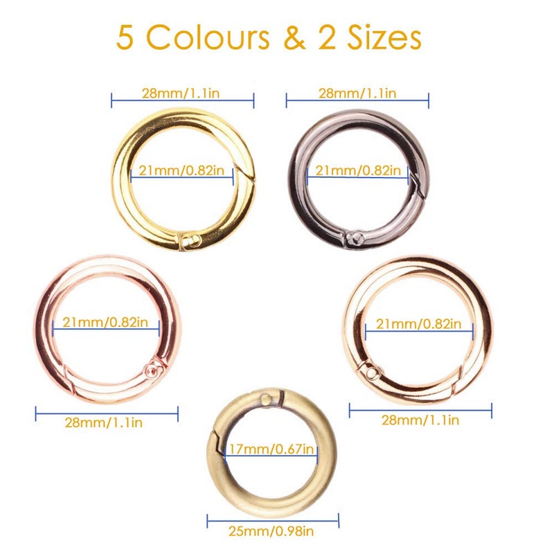 Tiberham Spring Clip Round Carabiner, Tiberham 5 Pcs Gate O Ring Spring Loaded Snap Clip, Key Ring Buckle Locking Carabiner Hook, Metal Secure Holder Organizing Accessory for Bags Purses Keychain (5 Colours) - Image 2